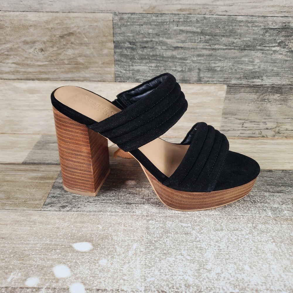 Rag & Co Mille Feux Womens‎ Straps Sandal Sz 5 Black Suede Slip On Block Heel